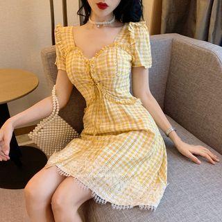 Plaid V-neck Lace Panel Dress