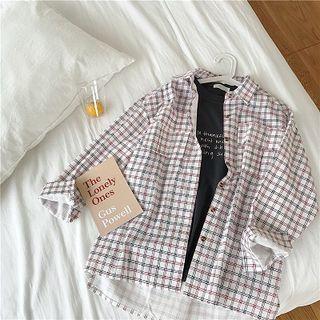 Double-pocket Plaid Long-sleeve Blouse White - One Size