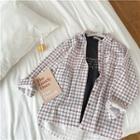 Double-pocket Plaid Long-sleeve Blouse White - One Size