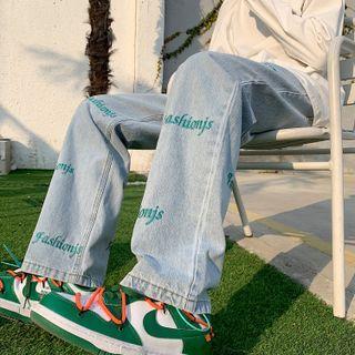 Letter Embroidered Washed Wide Leg Jeans