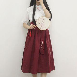 Traditional Chinese Set: Short-sleeve Top + A-line Midi Skirt