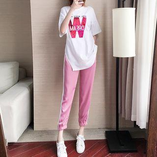 Set: Short-sleeve Sequin Lettering T-shirt + Contrast Trim Sweatpants
