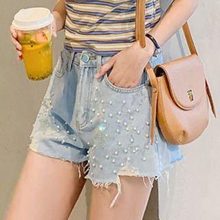 High Waist Faux Pearl Denim Shorts