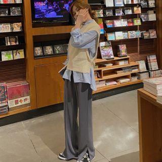 Side-slit Straight Leg Pants / Plain Shirt / Sweater Vest