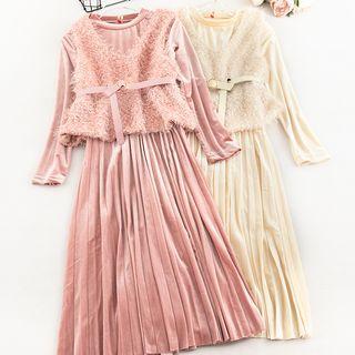 Set: Long-sleeve Velvet A-line Dress + Vest
