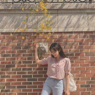 Puff-sleeve Plaid Blouse Pink - One Size