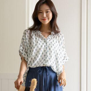 Rollup Open-placket Patterned Blouse