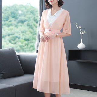 Two-tone Embroidered Elbow-sleeve Midi A-line Dress