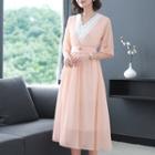 Two-tone Embroidered Elbow-sleeve Midi A-line Dress
