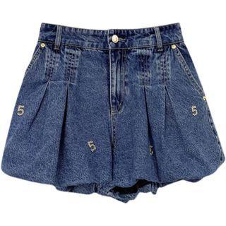 Rhinestone Numbering Balloon Denim Shorts