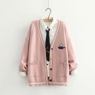 Cartoon Embroidered Long-sleeve Shirt / Contrast Trim Cardigan