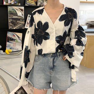 Flower Print Lantern-sleeve Blouse White - One Size