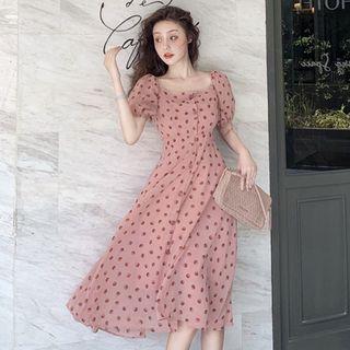 Short-sleeve Dotted Midi A-line Dress Dots - Pink - One Size