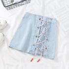Lace-up A-line Mini Denim Skirt