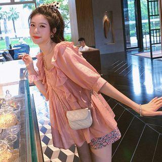 Floral Print High-waist Shorts / Ruffle Trim Elbow Sleeve Top