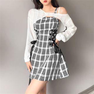 Long-sleeve Cold-shoulder Striped Crop Top / Spaghetti Strap Plaid Mini A-line Dress