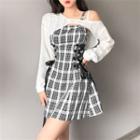 Long-sleeve Cold-shoulder Striped Crop Top / Spaghetti Strap Plaid Mini A-line Dress