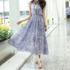 Set: Print Sleeveless Midi Chiffon Dress + Lace Bandeau