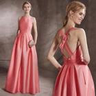 Sleeveless Halter Cross Back Pleated A-line Evening Dress