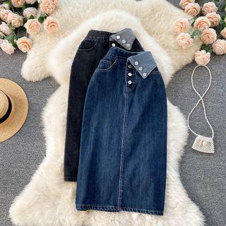 High-waist Color Block Slit A-line Denim Skirt