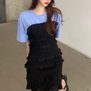 Elbow-sleeve Ruffled A-line Dress Black & Blue - One Size