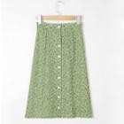 High-waist Button-up Floral Print Midi Skirt