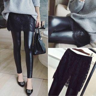 Inset Faux Leather Leggings Lace Skirt