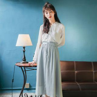 Lace Trim Blouse / Midi A-line Skirt / Set