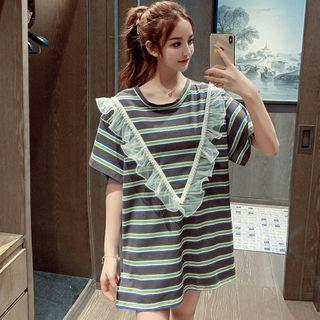 Elbow-sleeve Striped Mesh Trim T-shirt