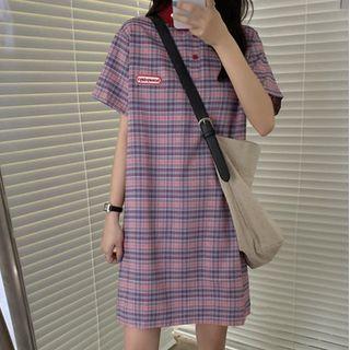 Elbow-sleeve Polo-neck Plaid Mini Dress