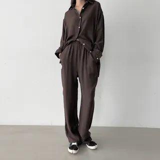 Set: Drop-shoulder Plain Shirt + Band-waist Pants