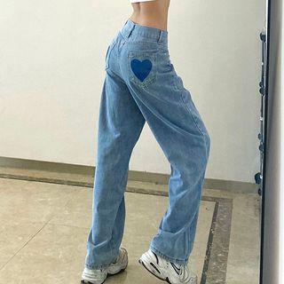 Heart Patch Washed Wide Leg Jeans