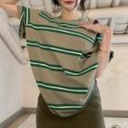 Short-sleeve Striped T-shirt Stripe - Green & Khaki Gray - One Size