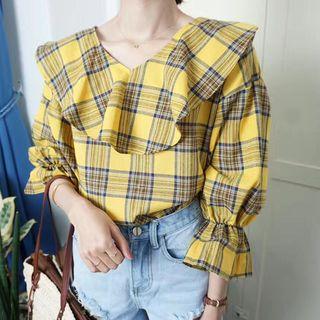 3/4 Sleeve Ruffled Plaid Blouse