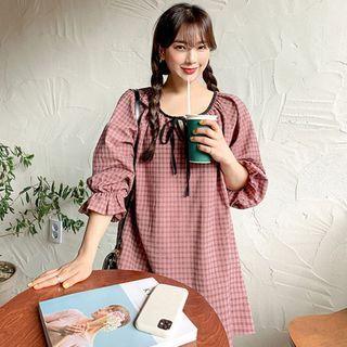 Plus Size Beribboned Piped Checked Blouse