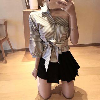 Striped One-shoulder 3/4-sleeve Top / High Waist Skort
