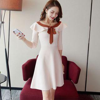Elbow-sleeve A-line Mini Knit Dress