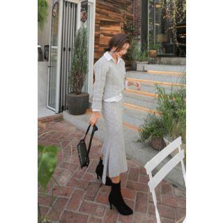 Set: V-neck Cable-knit Top + Band-waist Ruffle-hem Skirt