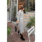 Set: V-neck Cable-knit Top + Band-waist Ruffle-hem Skirt