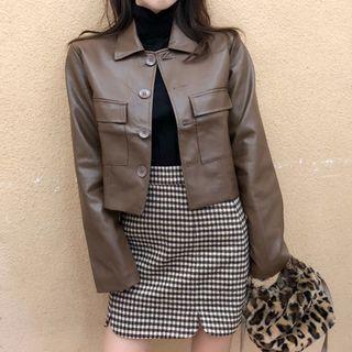 Mini Plaid A-line Skirt / Faux Leather Cropped Jacket