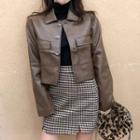 Mini Plaid A-line Skirt / Faux Leather Cropped Jacket