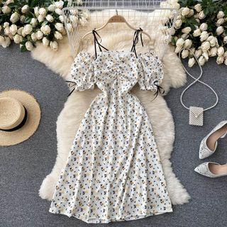 Off-shoulder Puff-sleeve Floral Spaghetti-strap Dress