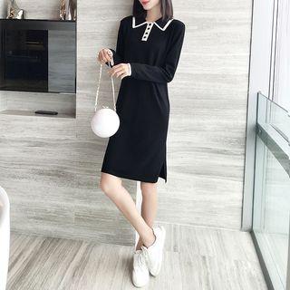 Knit Collared Half-placket Long-sleeve Shift Dress