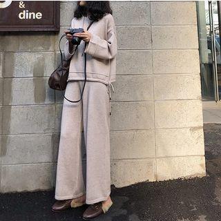 Set: Hooded Knit Pullover + Wide-leg Pants