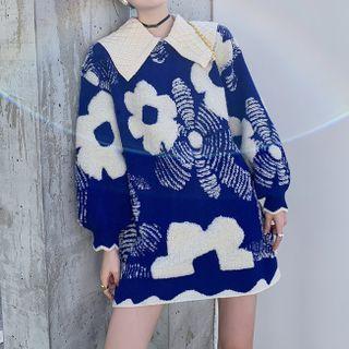 Collared Floral Print Sweater Dress