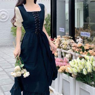 Short-sleeve Lace-up Striped Midi A-line Dress