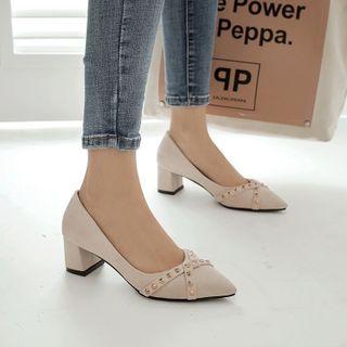 Pointy-toe Studded Chunky Heel Pumps