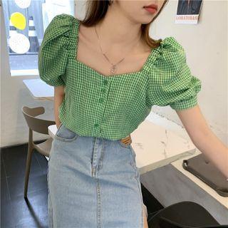 Square-neck Check Short-sleeve Blouse