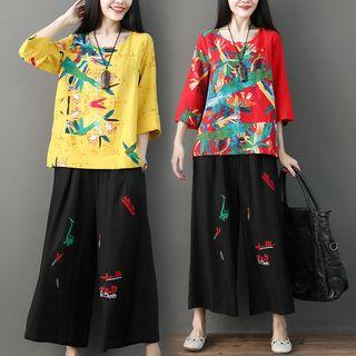Set: 3/4-sleeve Printed Top + Wide Leg Pants