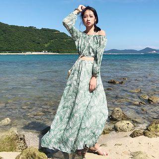 Set: Long-sleeve Print Top + A-line Maxi Skirt